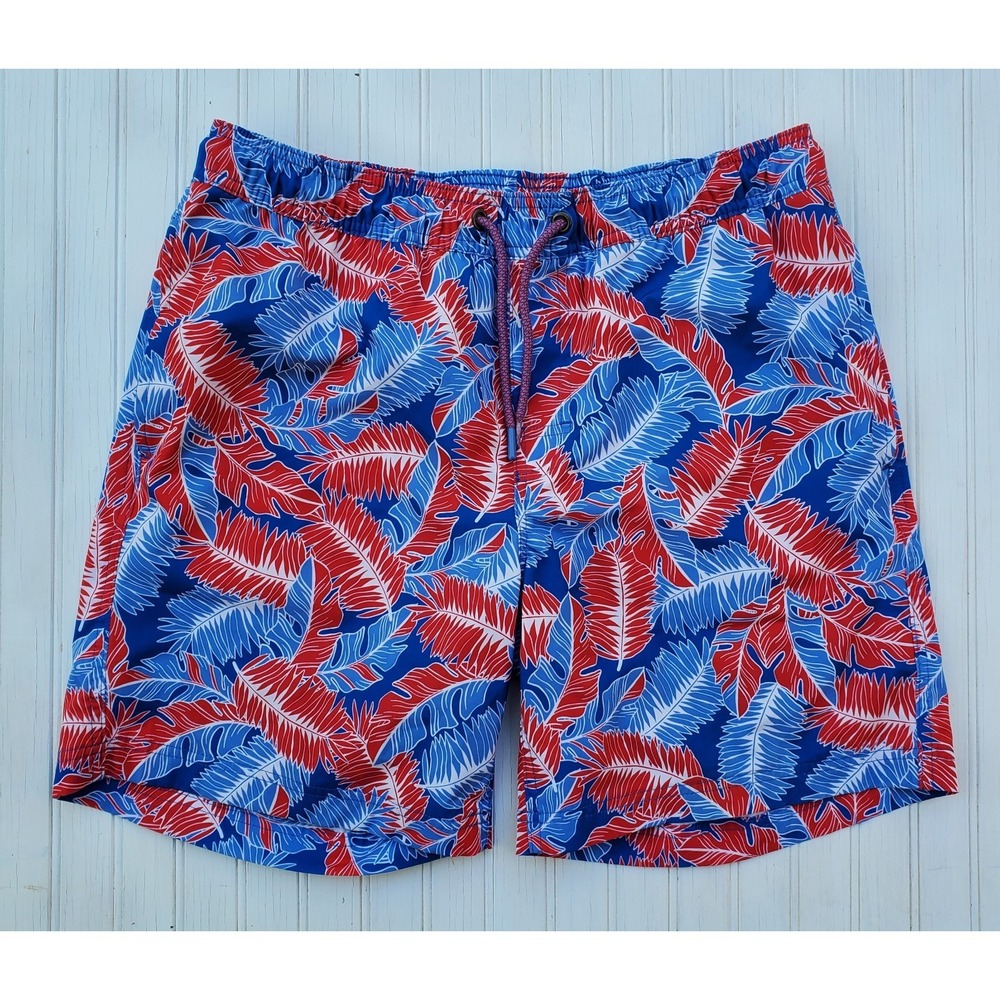 Member's Mark Men's Resort Swim Trunks Red Blue Palm Leaves Size Medium